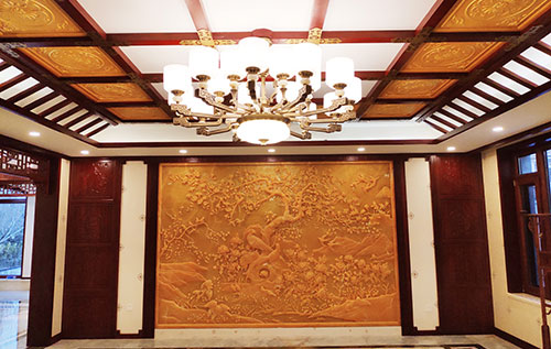 沛县中式别墅客厅中式木作横梁吊顶装饰展示