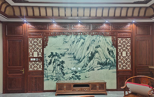 沛县中式仿古别墅客厅背景墙花格木作装饰